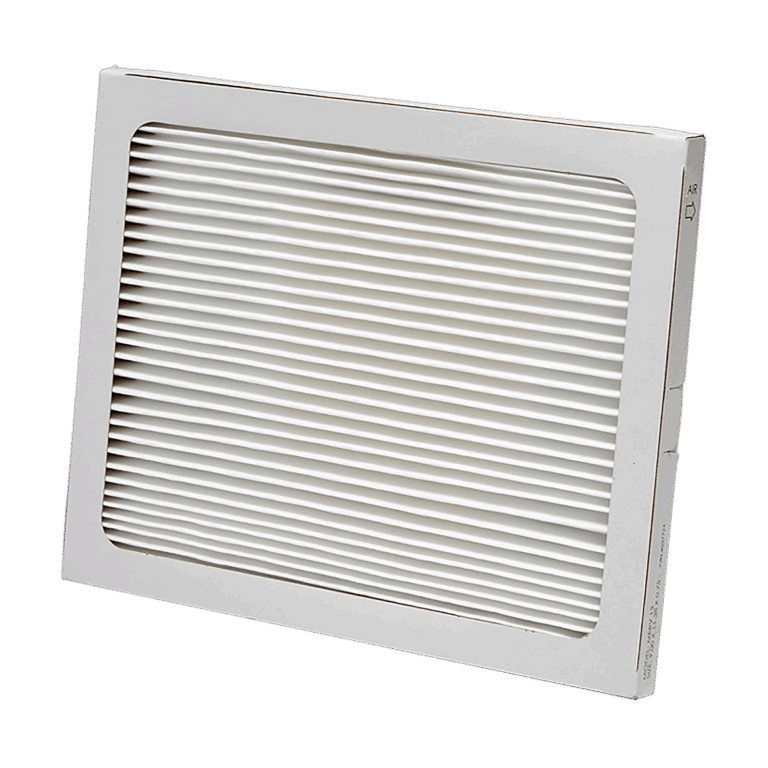 White pleated air filter with a thin gray frame.