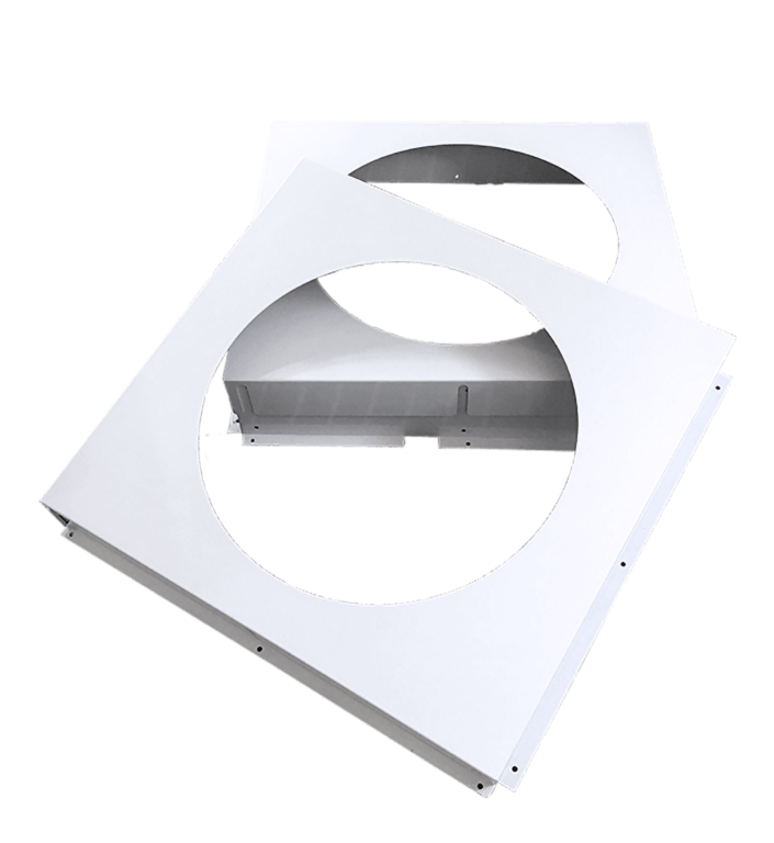 Two white square metal frames with large circular cutouts, one behind the other.