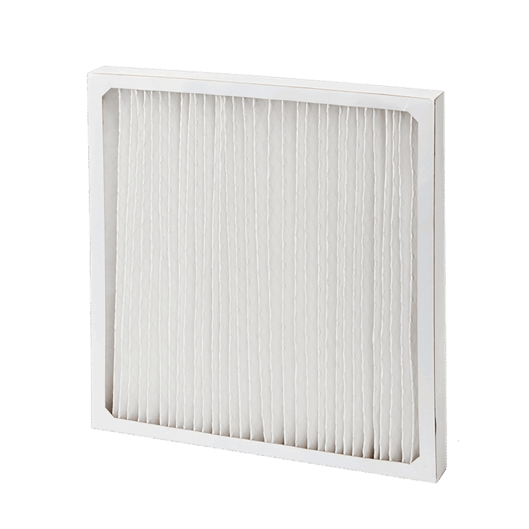 White pleated air filter with a thin frame.