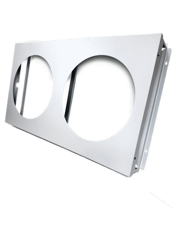 A large rectangular duct adapter for a Quest dehumidifier with two circular holes in the face to connect to round ductwork.