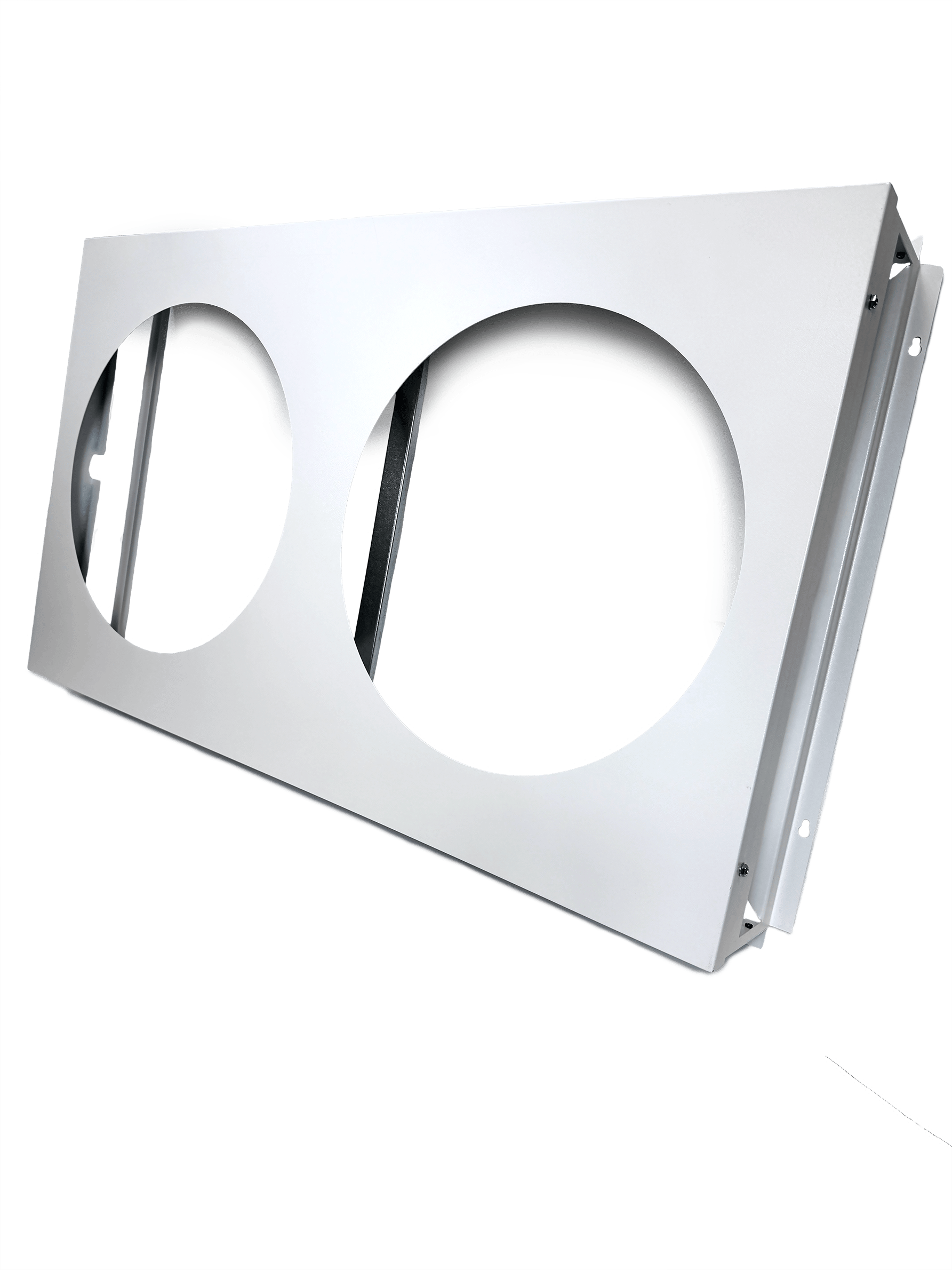 A large rectangular duct adapter for a Quest dehumidifier with two circular holes in the face to connect to round ductwork.